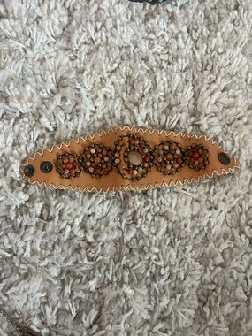 Beaded Tan Leather Snap Cuff Bracelet